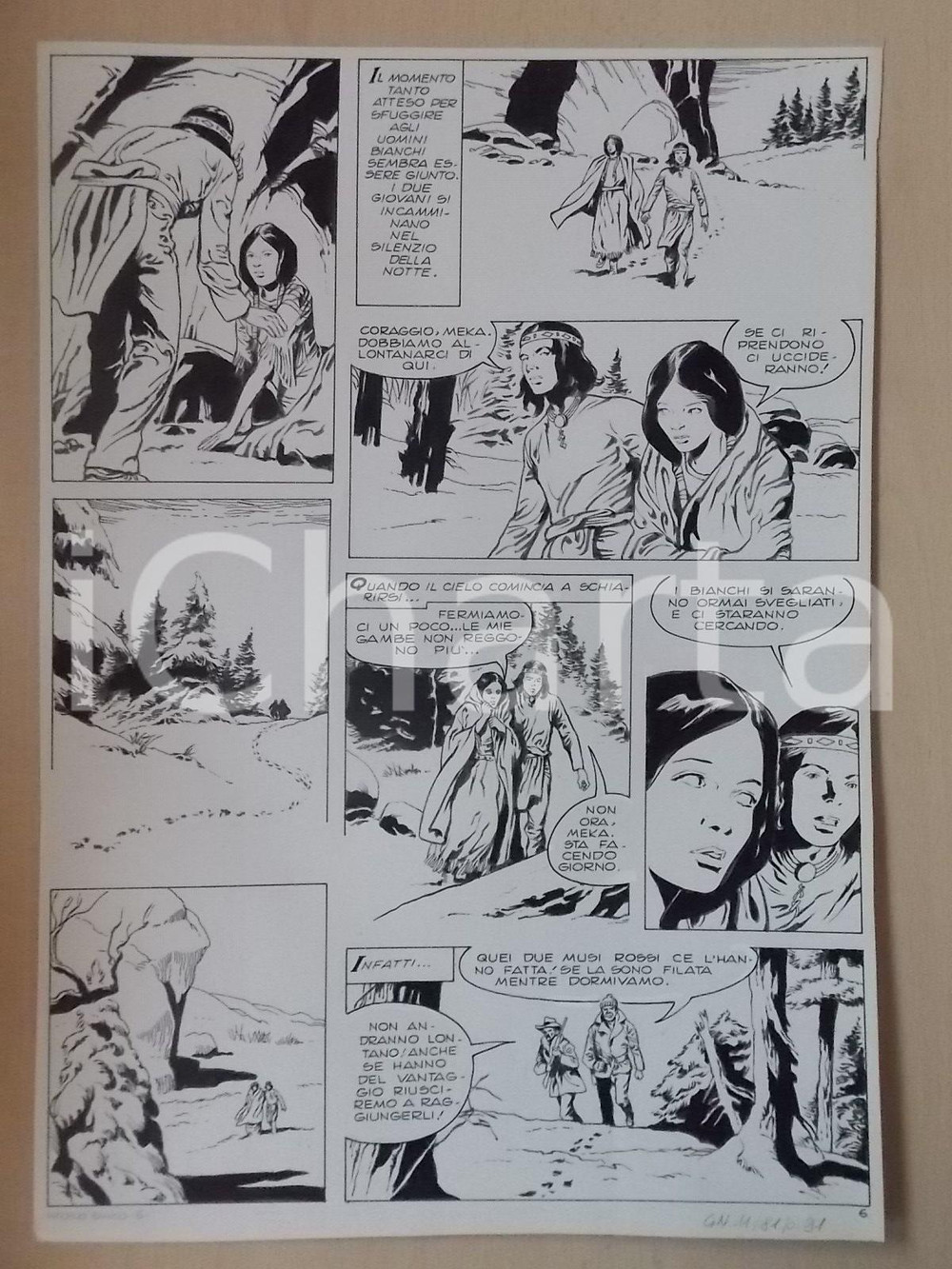 Opera d’arte autentica 1970 ca INFERNO BIANCO Luciano BERNASCONI Indiani in fuga nella neve Tavola 1