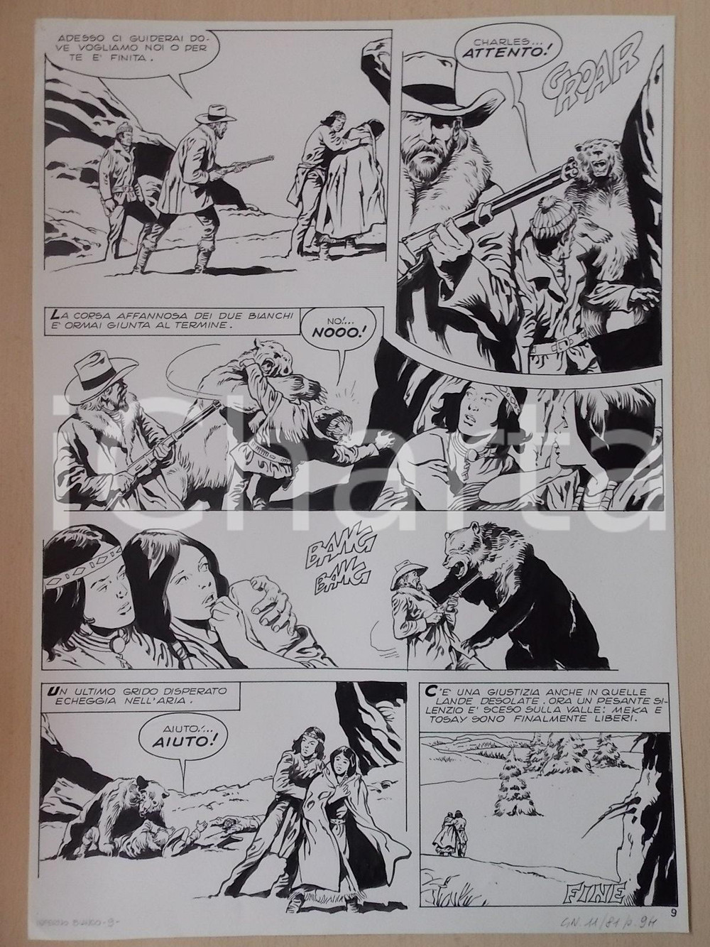 Opera d’arte autentica 1970 ca INFERNO BIANCO Luciano BERNASCONI Grizzly uccide cacciatore Tavola LUBE 1