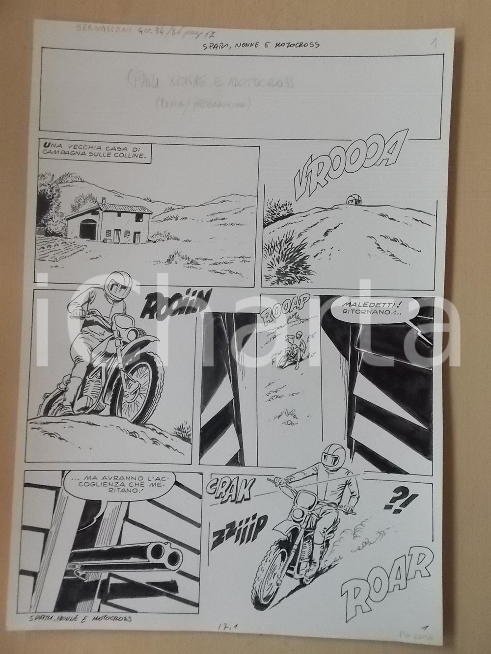 Opera d’arte autentica 1970 SPARI NONNE E MOTOCROSS Luciano BERNASCONI Motociclista Tavola originale 1