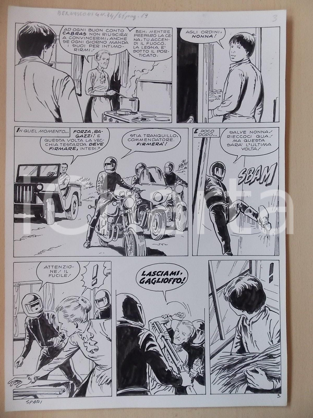 Opera d’arte autentica 1970 SPARI NONNE E MOTOCROSS Luciano BERNASCONI Anziana malmenata Tavola LUBE 1