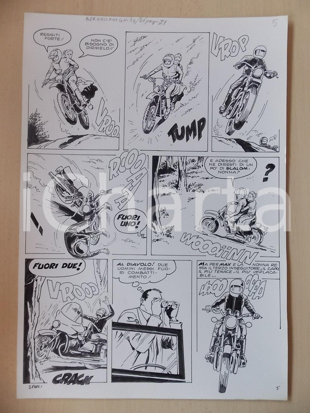 Opera d’arte autentica 1970 SPARI NONNE E MOTOCROSS Luciano BERNASCONI Fuga in moto Tavola originale 1