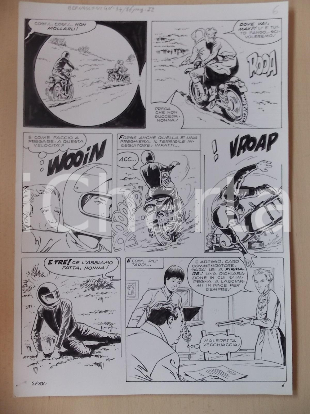 Opera d’arte autentica 1970 SPARI NONNE E MOTOCROSS Luciano BERNASCONI Anziana con fucile Tavola LUBE 1