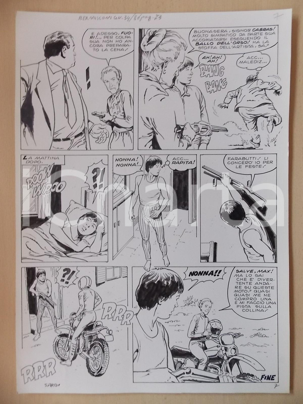 Opera d’arte autentica 1970 SPARI NONNE E MOTOCROSS Luciano BERNASCONI Anziana in moto Tavola originale 1
