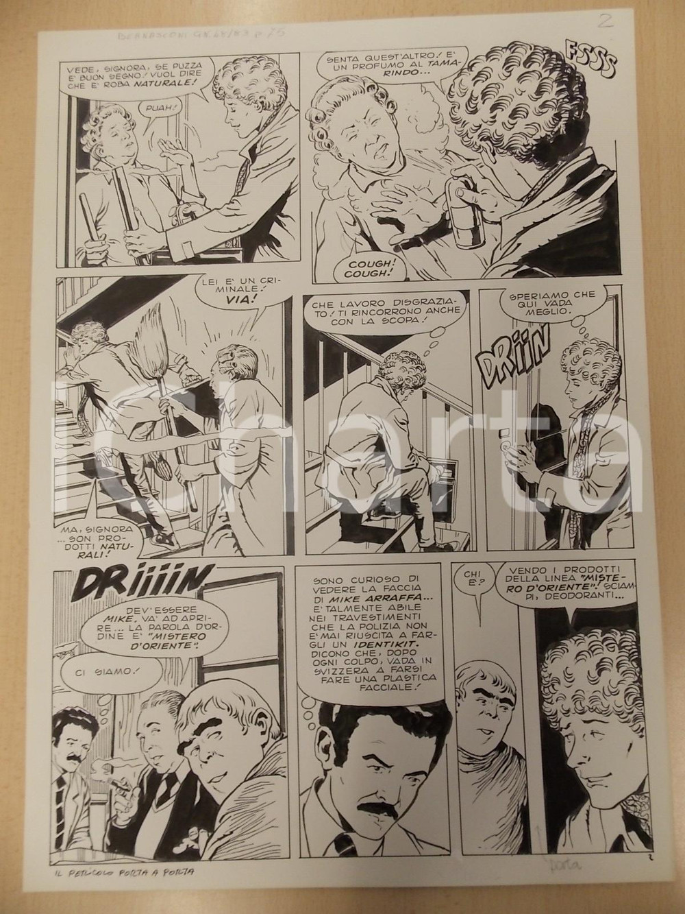 Opera d’arte autentica 1970 ca PERICOLO PORTA A PORTA L. BERNASCONI Commesso viaggiatore in fuga Tavola 1