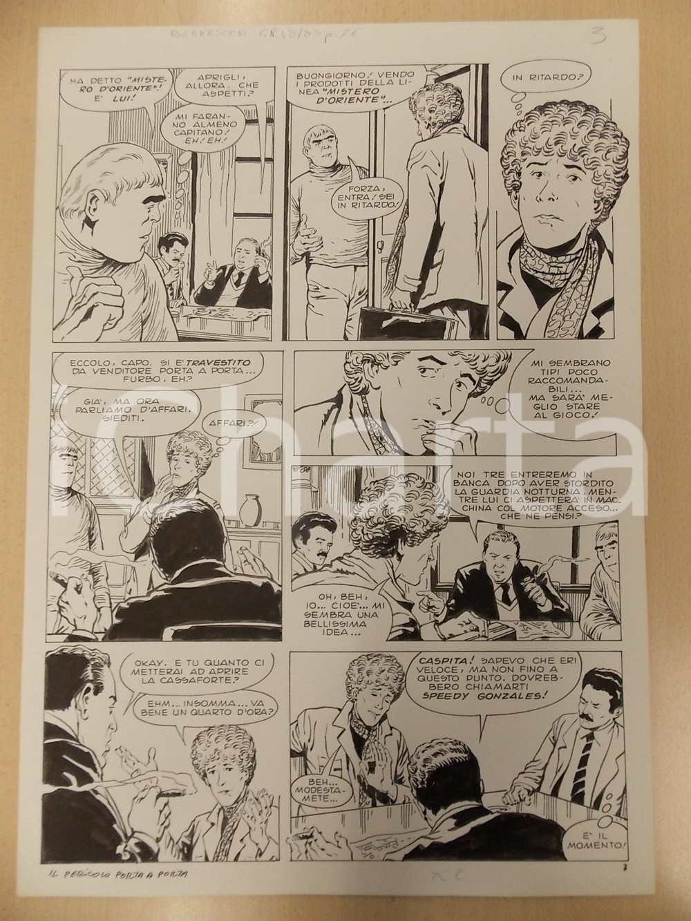 Opera d’arte autentica 1970 PERICOLO PORTA A PORTA Luciano BERNASCONI Mafiosi pianificano rapina Tavola 1