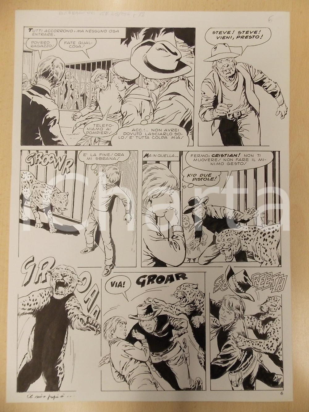 Opera d’arte autentica 1970 ca IL MIO PAPÃ€ Ãˆ... Luciano BERNASCONI Leopardo attacca cowboy Tavola LUBE 1
