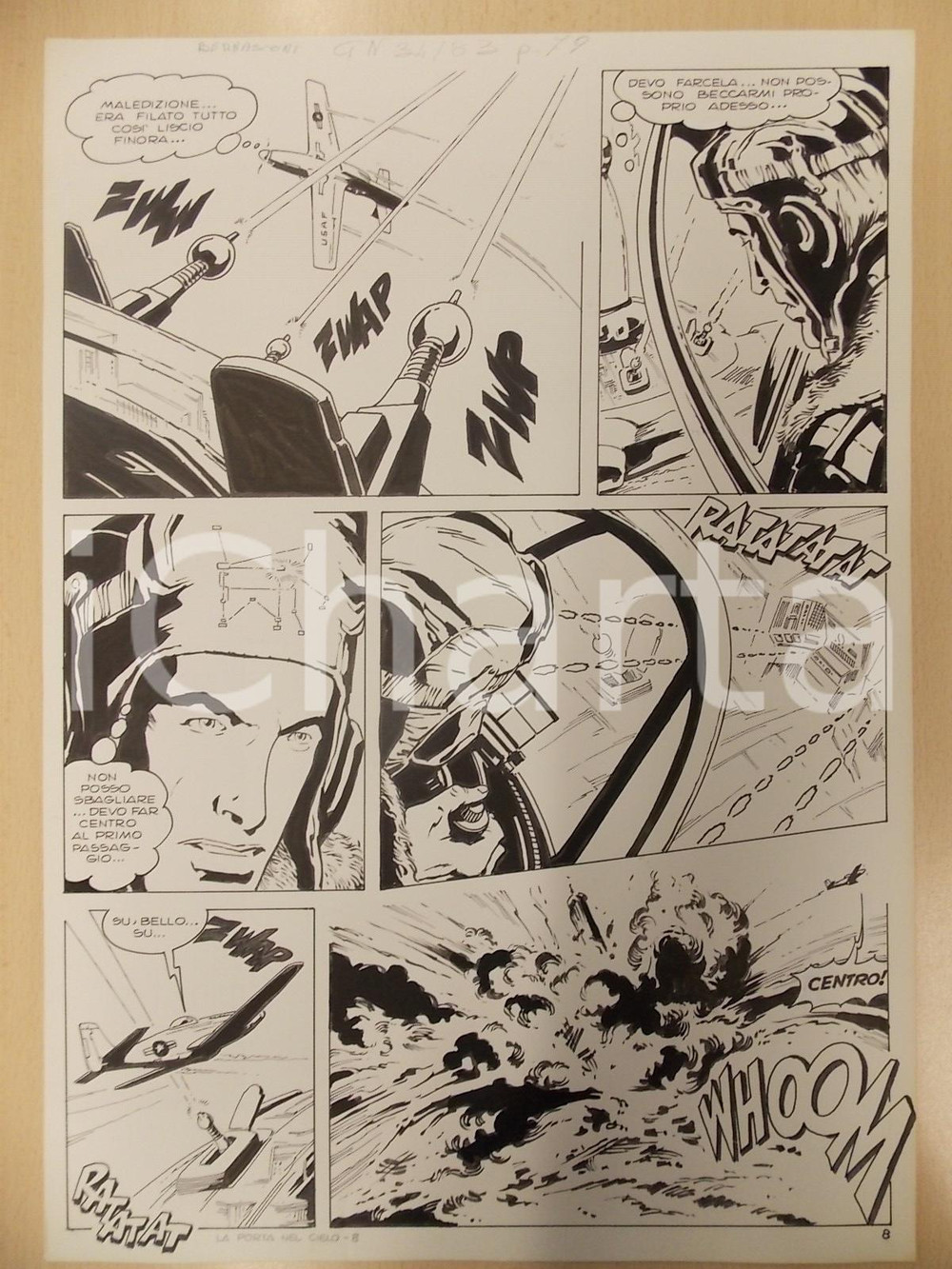 Opera d’arte autentica 1970 ca PORTA NEL CIELO Luciano BERNASCONI Aviatore distrugge base nemica Tavola 1