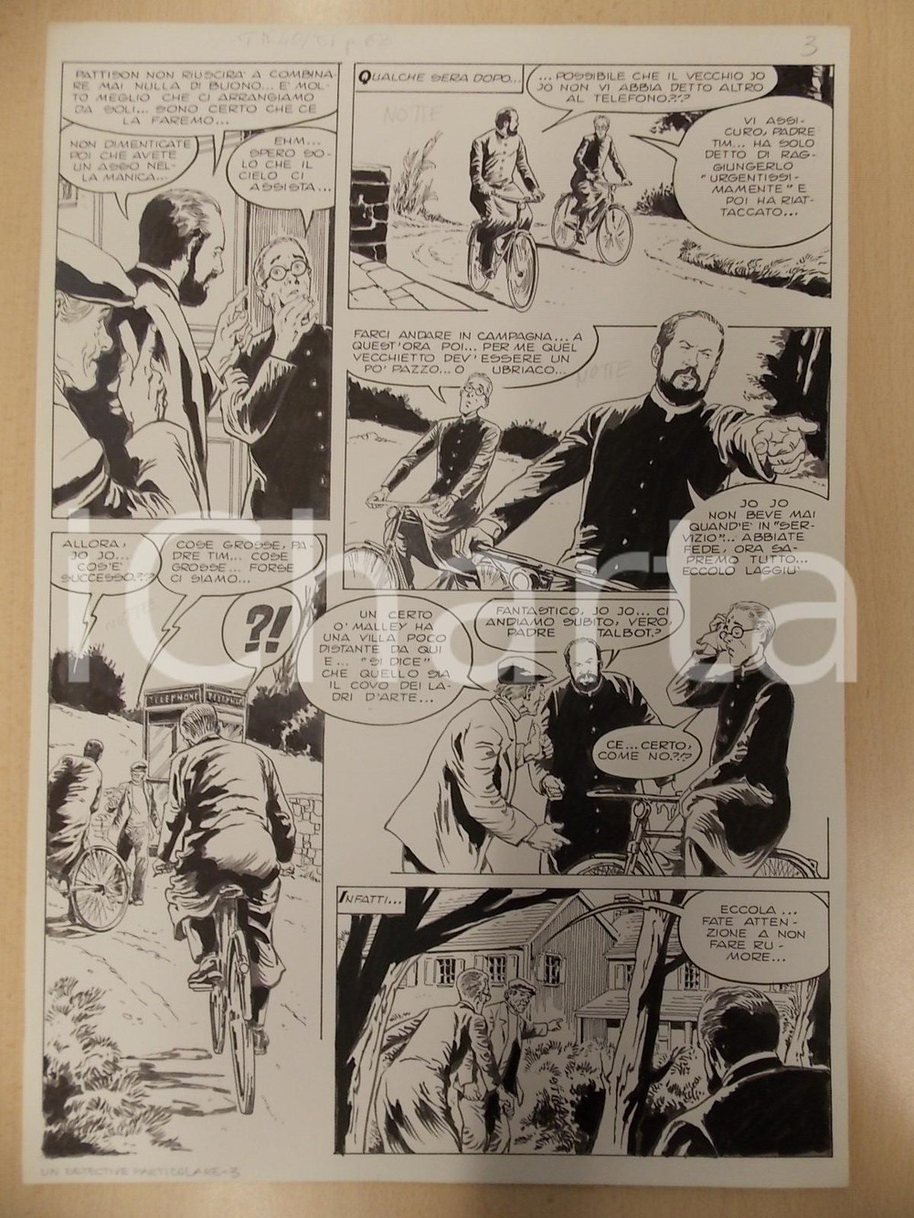 Opera d’arte autentica 1970 ca DETECTIVE PARTICOLARE Luciano BERNASCONI Preti in bicicletta Tavola LUBE 1