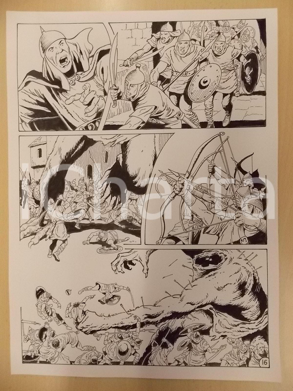 Opera d’arte autentica 1975 ca KABUR Luciano BERNASCONI Arceri contro mostro gigante Tavola originale 1