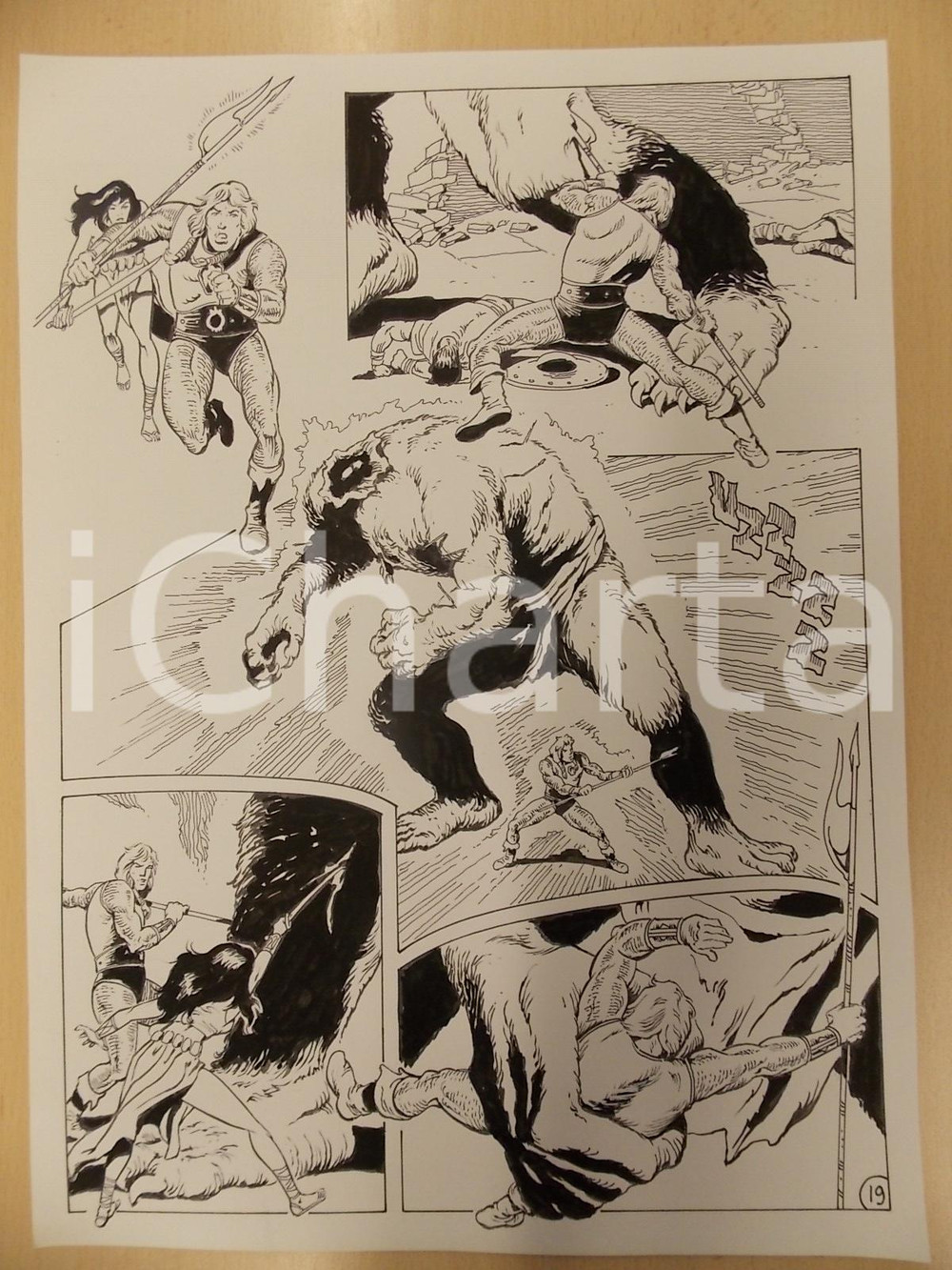 Opera d’arte autentica 1975 ca LUBE Luciano Bernasconi KABUR contro mostro gigante Tavola originale 1