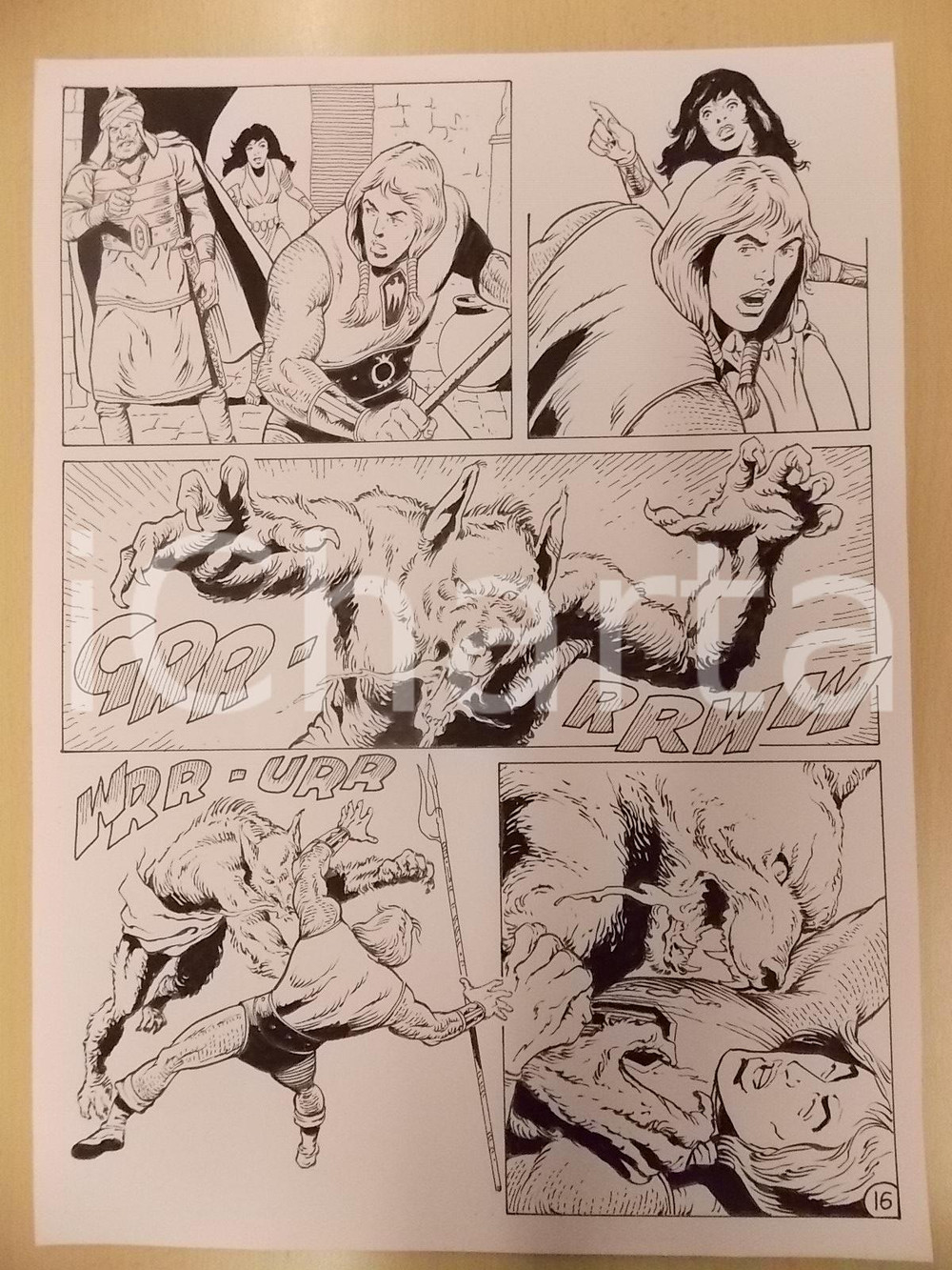 Opera d’arte autentica 1975 ca LUBE Luciano BERNASCONI Lupo mannaro attacca KABUR Tavola originale 1