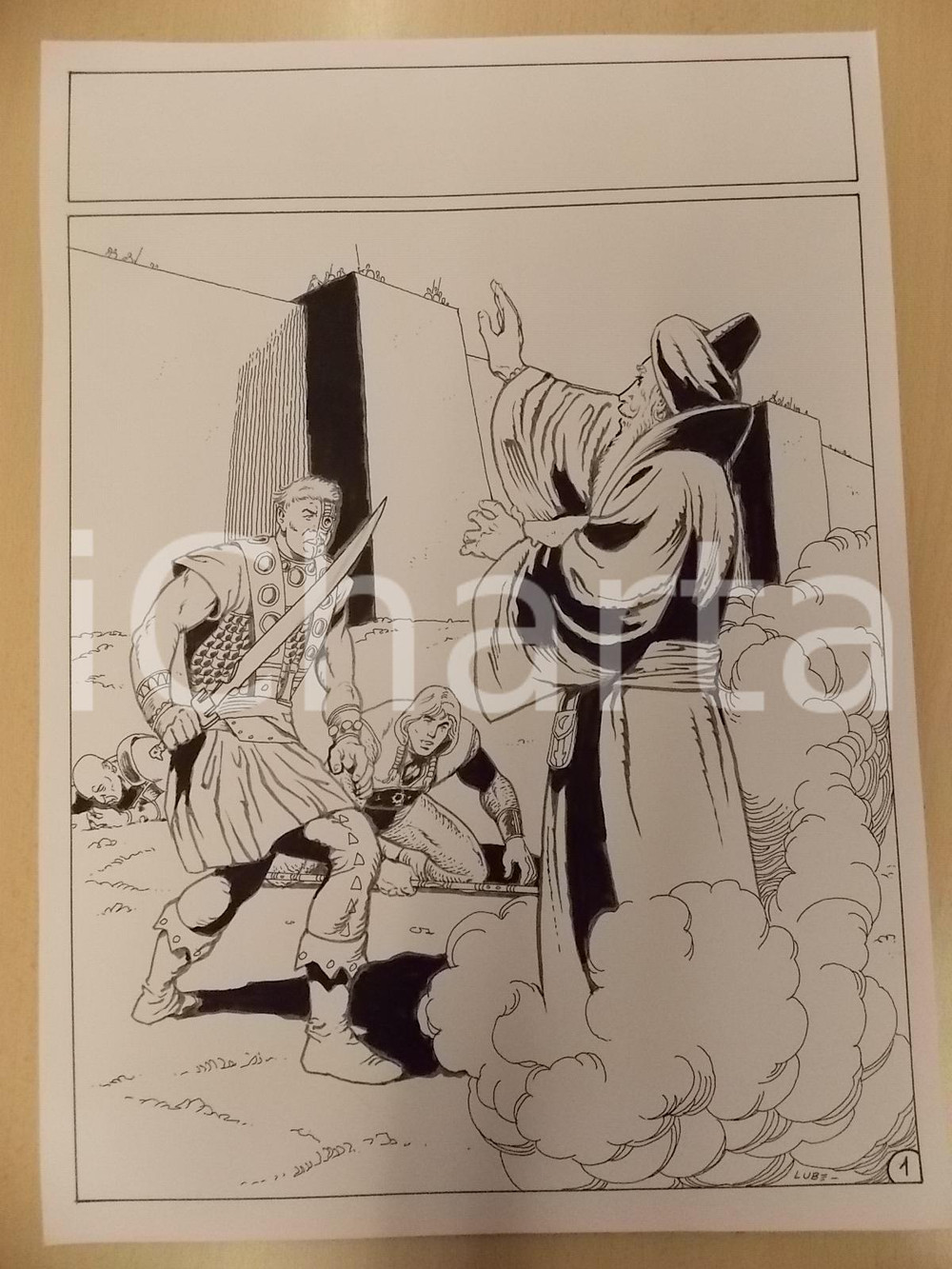 Opera d’arte autentica 1975 ca KABUR Luciano BERNASCONI Stregone contro centurione cyborg Tavola LUBE 1