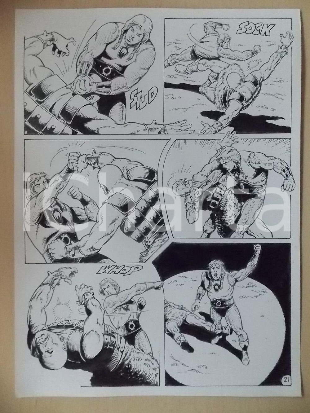 Opera d’arte autentica 1975 ca LUBE Luciano BERNASCONI Lotta tra barbaro e KABUR Tavola originale 1