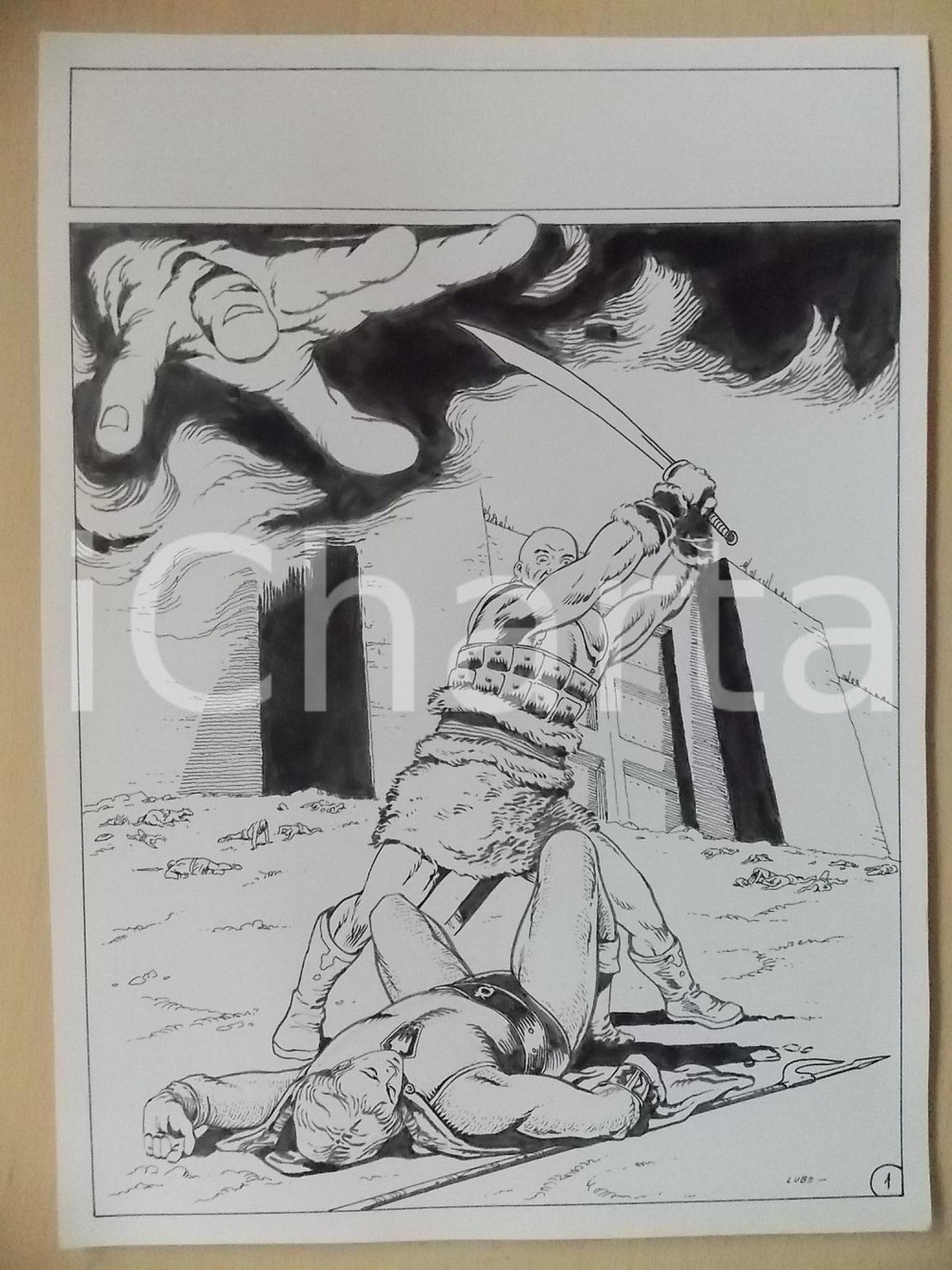 Opera d’arte autentica 1975 ca LUBE Luciano BERNASCONI Barbaro sottomette KABUR Tavola originale 1
