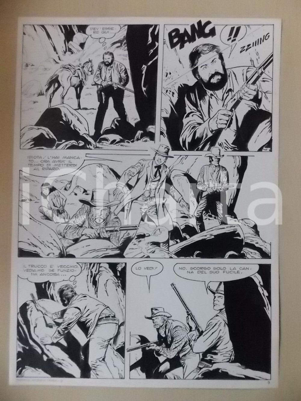 Opera d’arte autentica 1970 ca TRAPPOLA A ELGIN CREEK Luciano BERNASCONI Agguato nel canyon Tavola LUBE 1