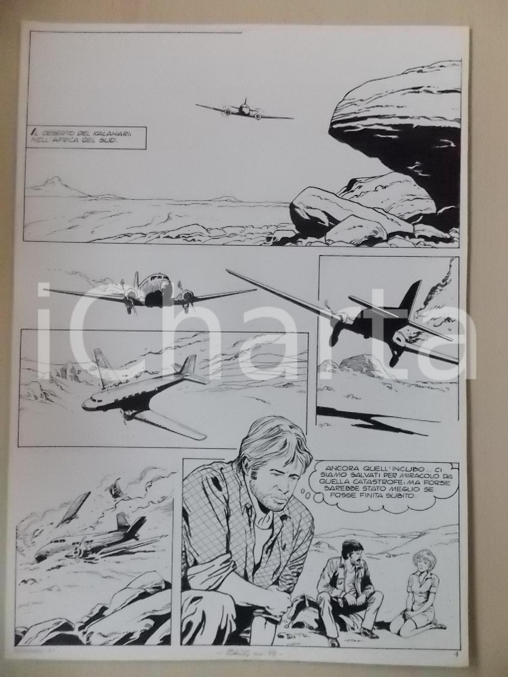 Opera d’arte autentica 1970 ca KALAHARI Luciano BERNASCONI Disastro aereo nel deserto Tavola originale 1