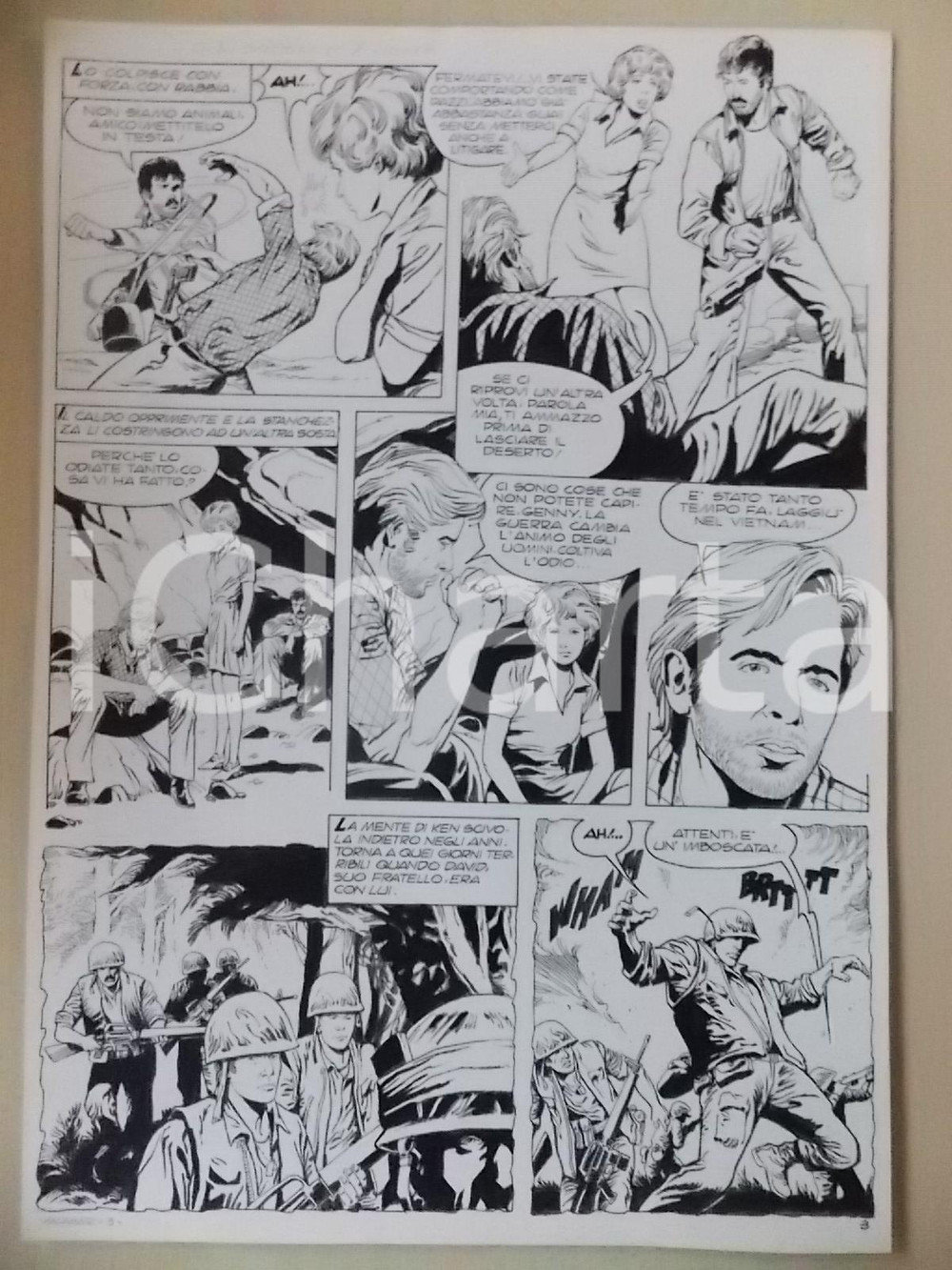 Opera d’arte autentica 1970 ca KALAHARI Luciano BERNASCONI Ricordi Guerra del VIETNAM Tavola originale 1