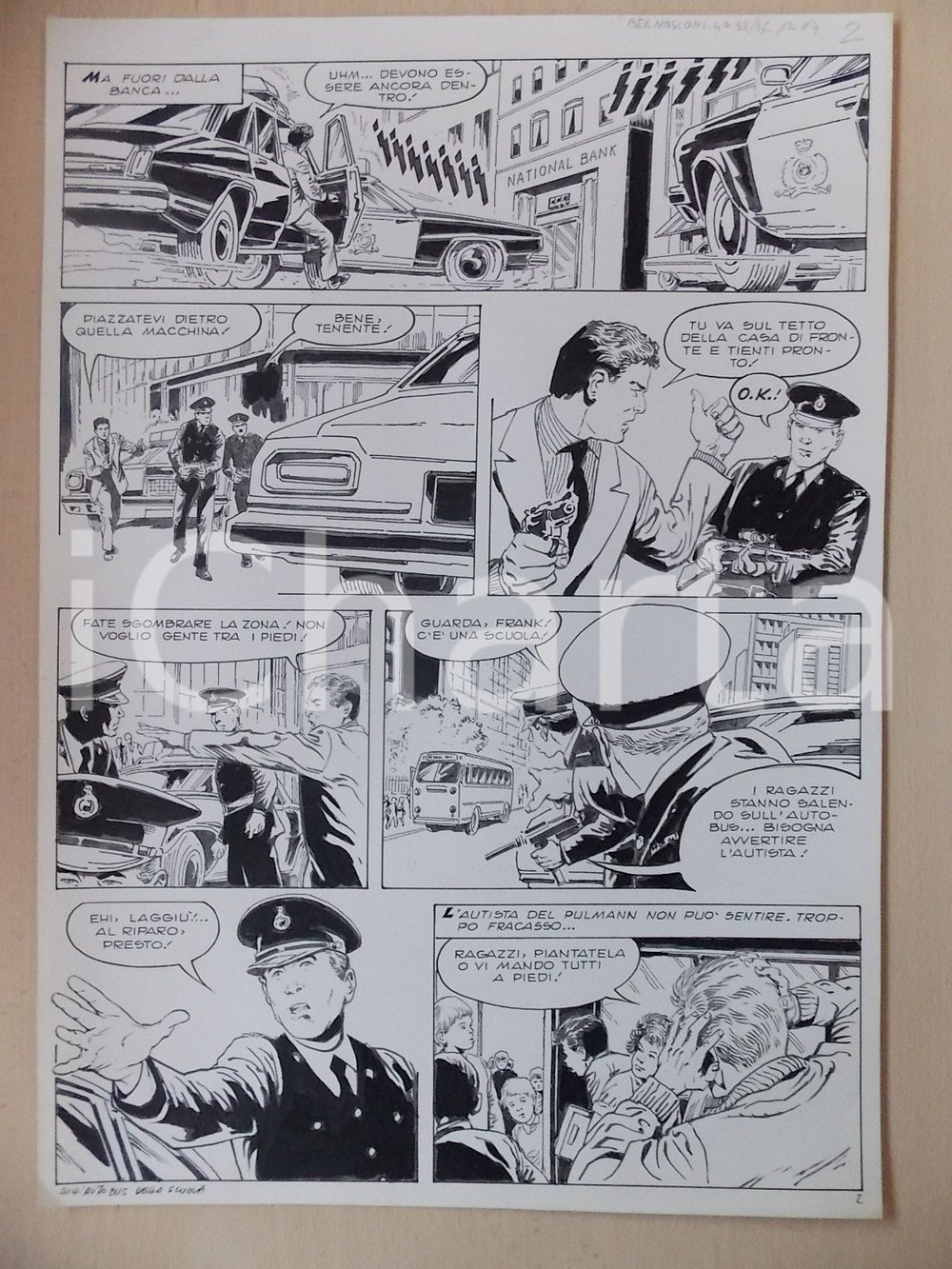 Opera d’arte autentica 1970 ca SULL AUTOBUS DELLA SCUOLA Luciano BERNASCONI Polizia Tavola originale 1