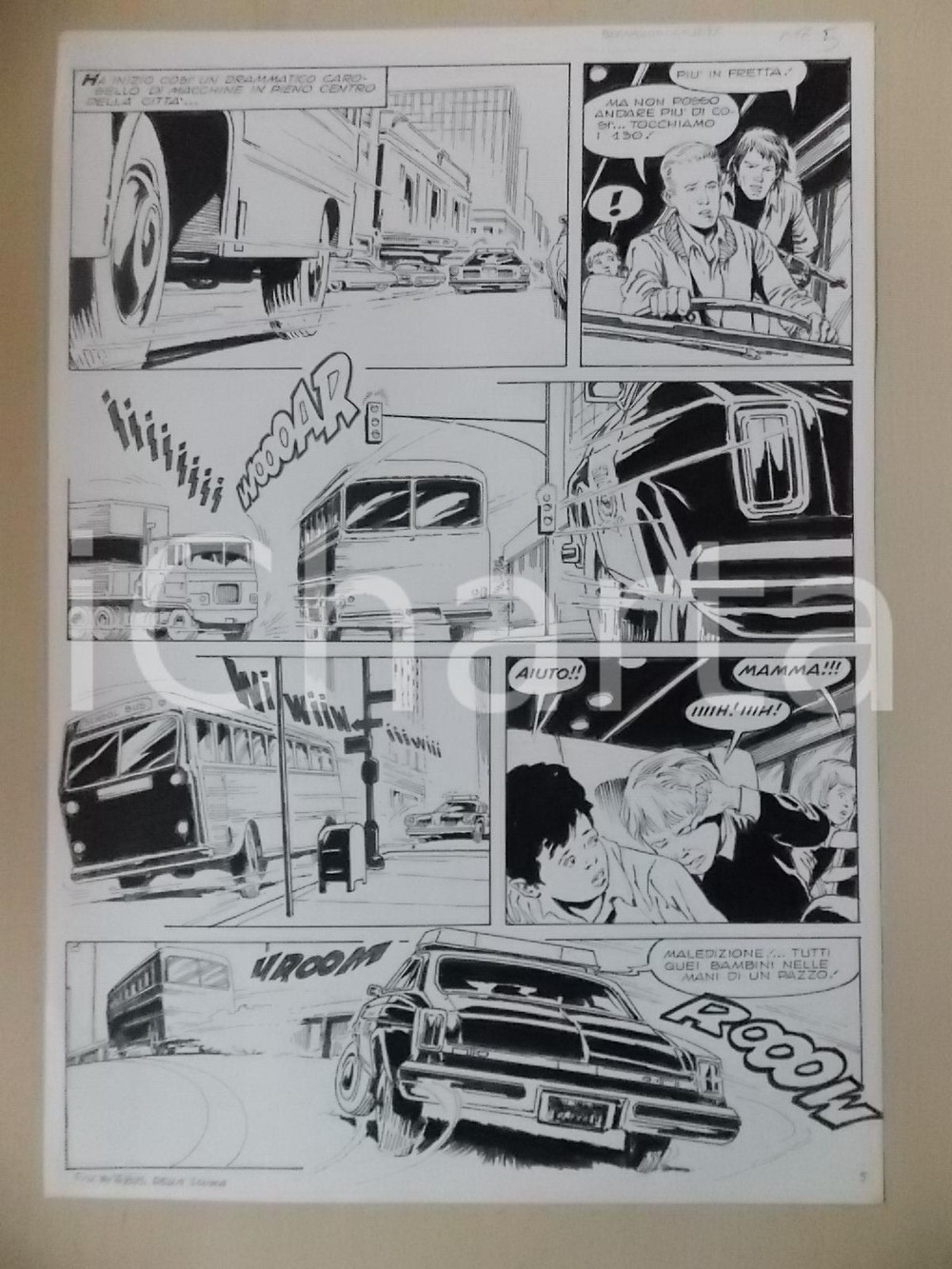 Opera d’arte autentica 1970 ca SULL AUTOBUS DELLA SCUOLA Luciano BERNASCONI Inseguimento Tavola LUBE 1