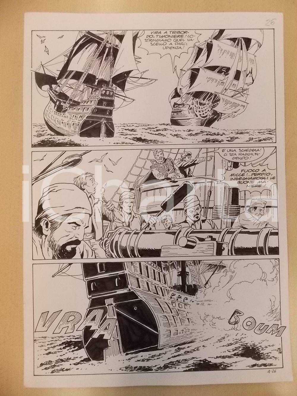 Opera d’arte autentica 1996 CRONONAUTI 5 Luciano BERNASCONI Cannonate tra velieri Tavola originale 1