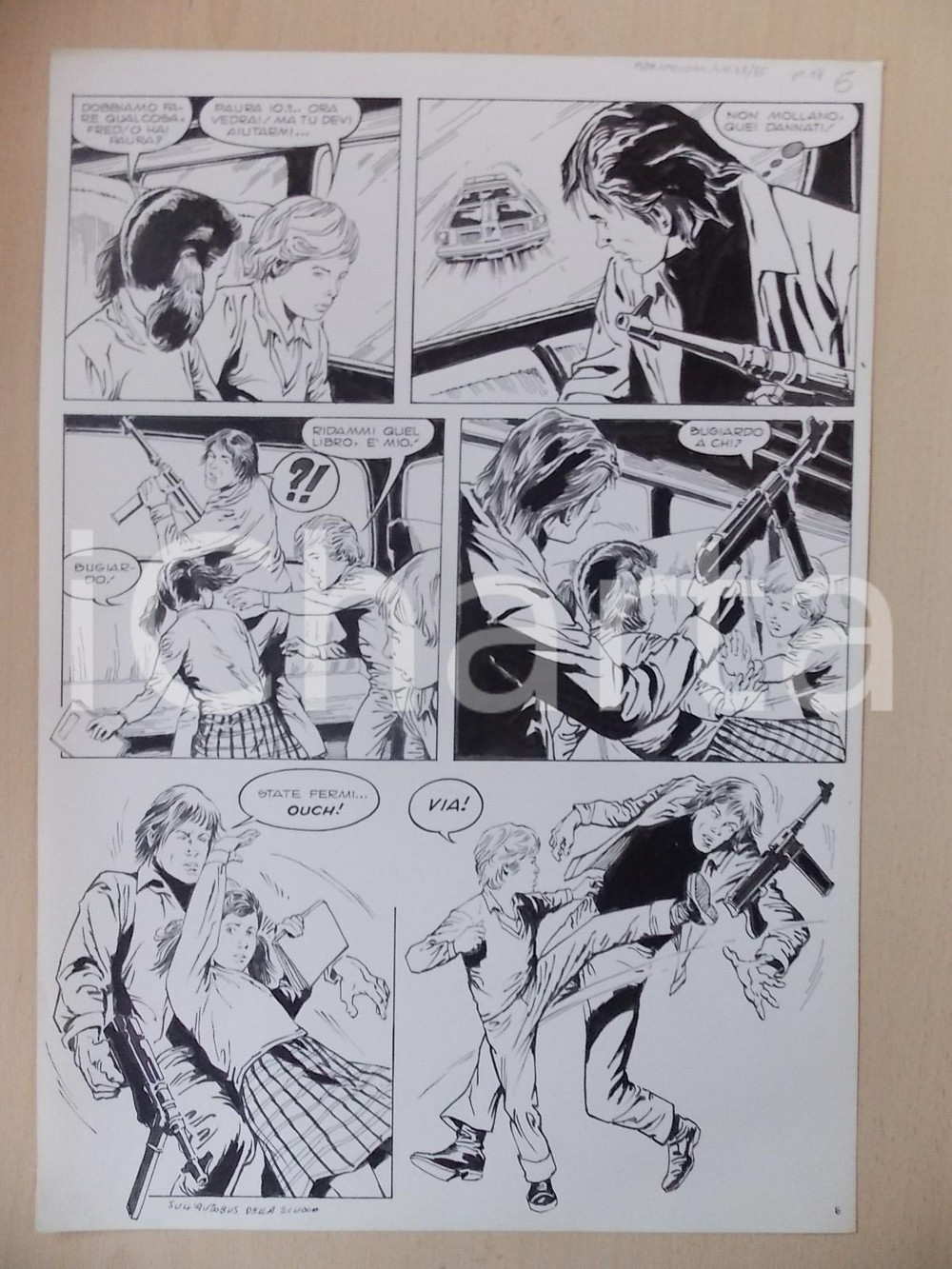 Opera d’arte autentica 1970 SULL AUTOBUS DELLA SCUOLA Luciano BERNASCONI Bimbi picchiano ladri Tavola 1