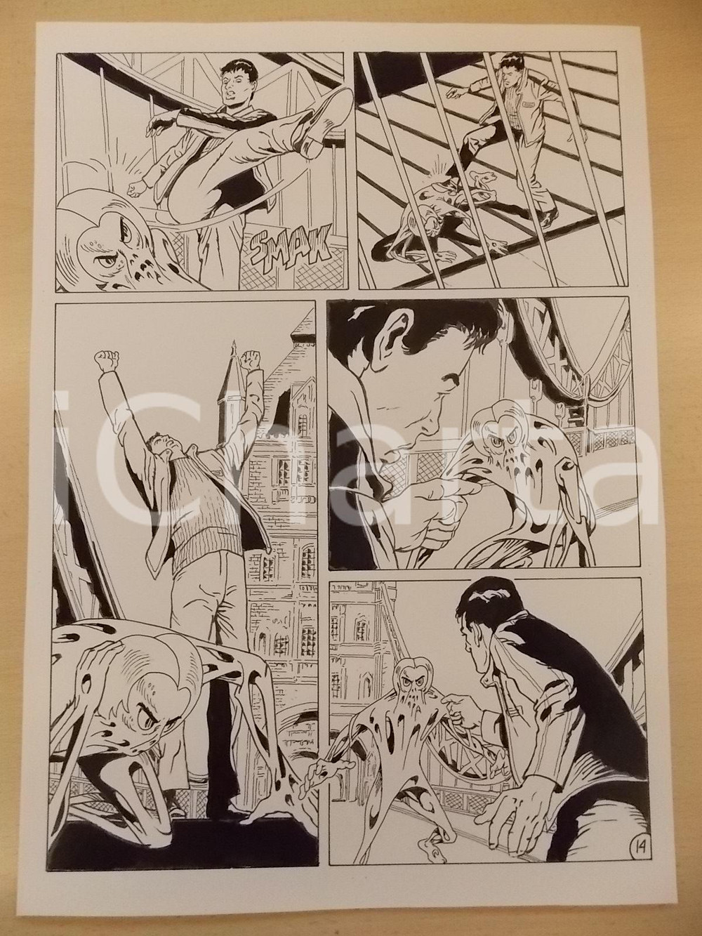 Opera d’arte autentica 2001 WAMPUS Luciano BERNASCONI Alieno sul Tower Bridge LONDON Tavola originale 1