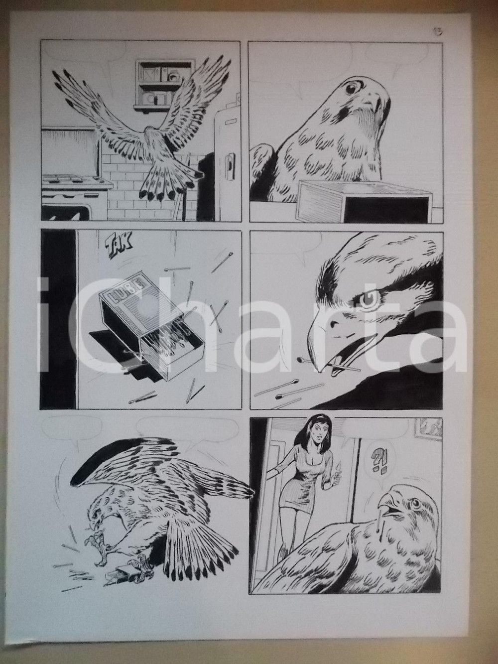 Opera d’arte autentica 2001 L AUTRE Luciano BERNASCONI Aquila ruba fiammiferi LUBE Tavola originale 1