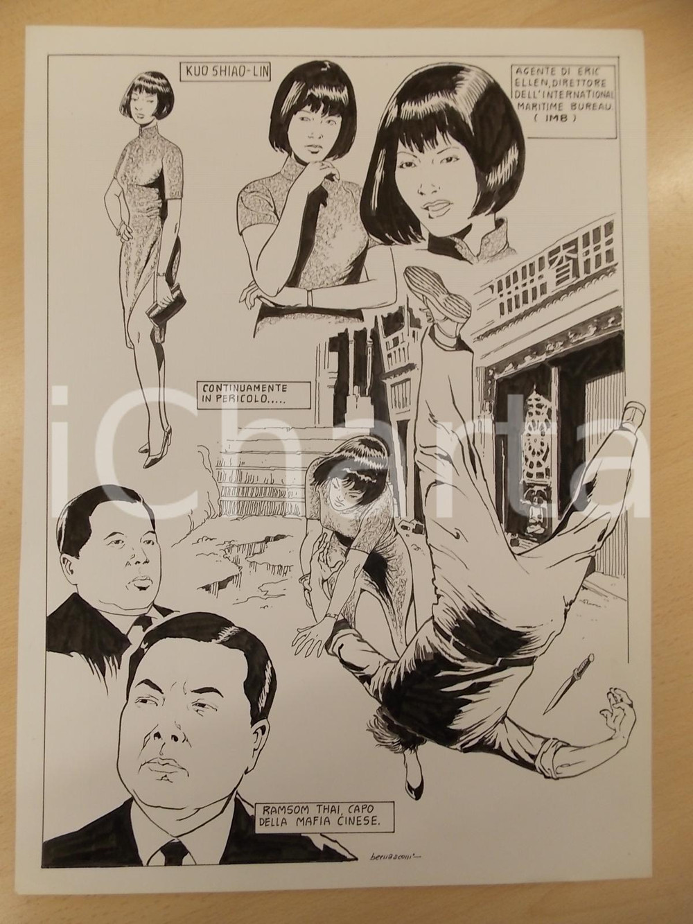 Opera d’arte autentica 1990 ca FUMETTO Luciano BERNASCONI Agenti segreti e spie cinesi Tavola originale 1