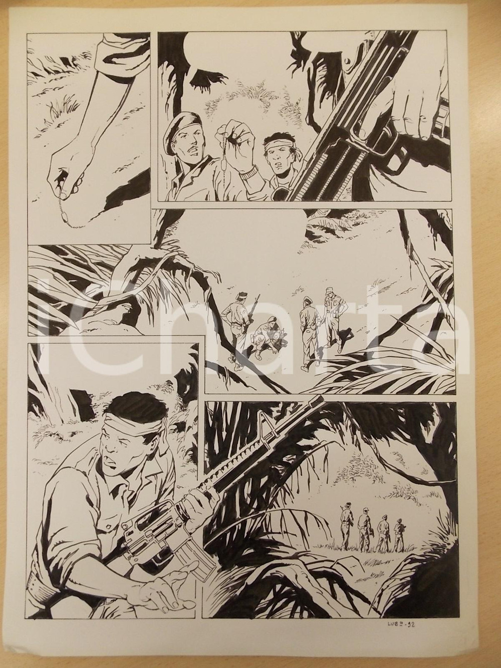 Opera d’arte autentica 1990 ca FUMETTO Luciano BERNASCONI Guerriglieri nella giungla Tavola originale 1