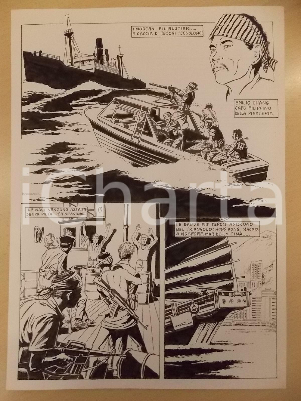 Opera d’arte autentica 1990 ca FUMETTO Luciano BERNASCONI Moderni pirati filippini Tavola originale 1