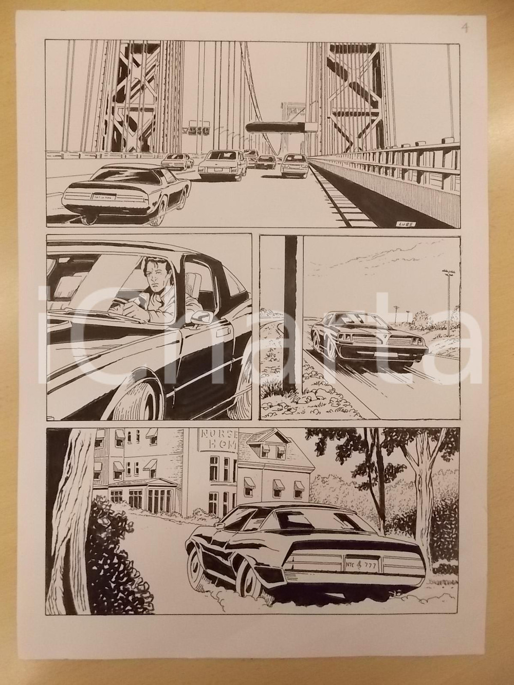 Opera d’arte autentica 1990 ca FUMETTO Luciano BERNASCONI Auto sportiva su ponte Tavola originale LUBE 1