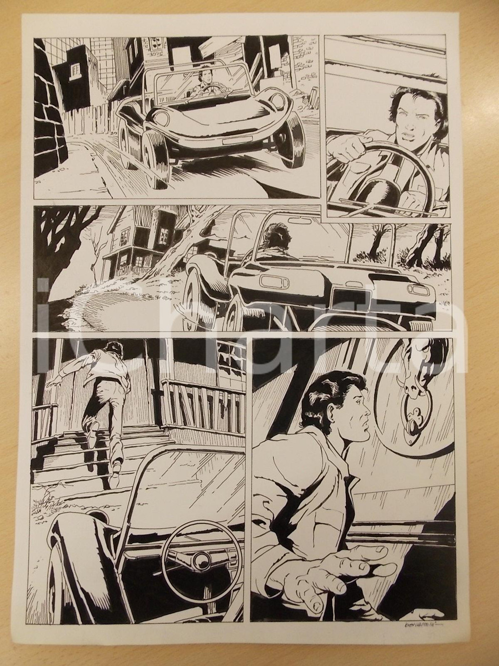 Opera d’arte autentica 1990 ca FUMETTO Luciano BERNASCONI Dune buggy e casa stregata Tavola originale 1