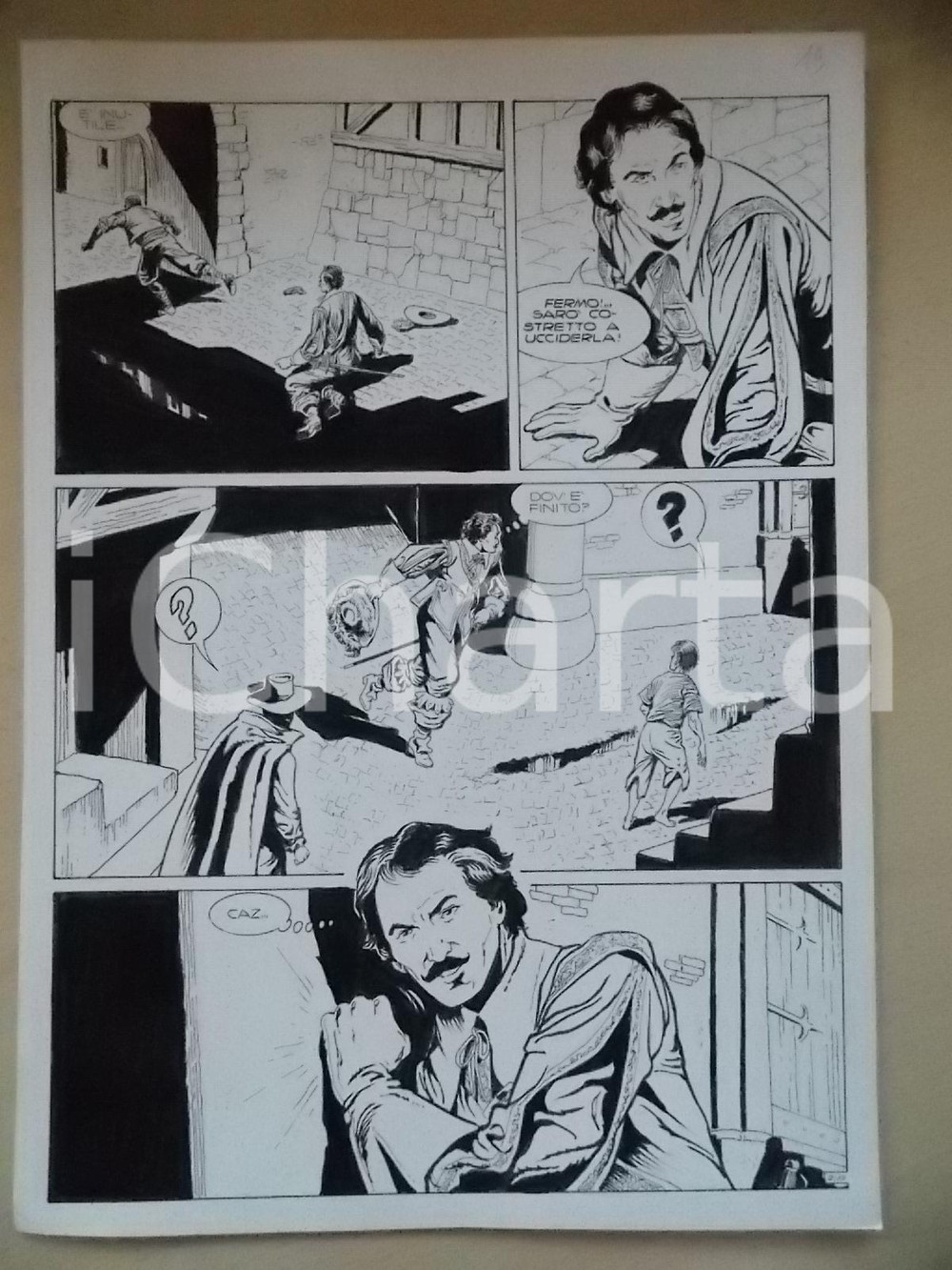 Opera d’arte autentica 1995 CRONONAUTI Luciano BERNASCONI Inseguimento per i vicoli Tavola originale 1