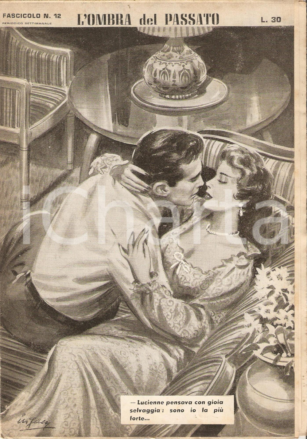 Giornale, rivista storica 1956 OMBRA DEL PASSATO Jean DE VALLORBE Coppia si bacia sul divano Fascicolo 12 1