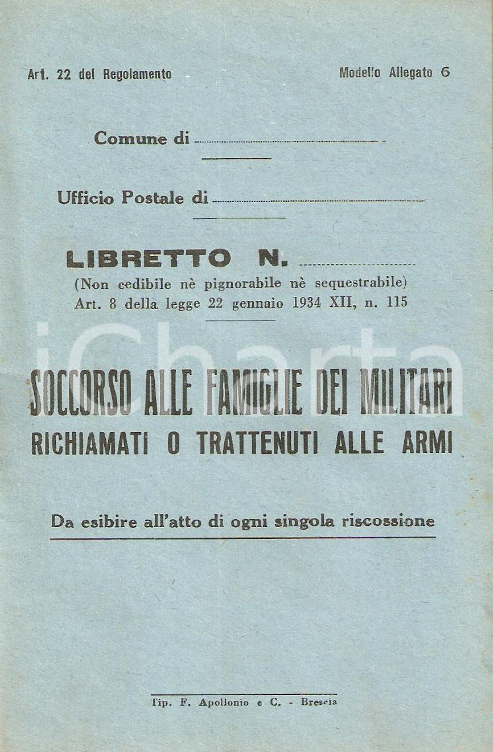 Documento originale, autentico 1940 ca WW2 Soccorso a famiglie militari richiamati o trattenuti Libretto 1 1