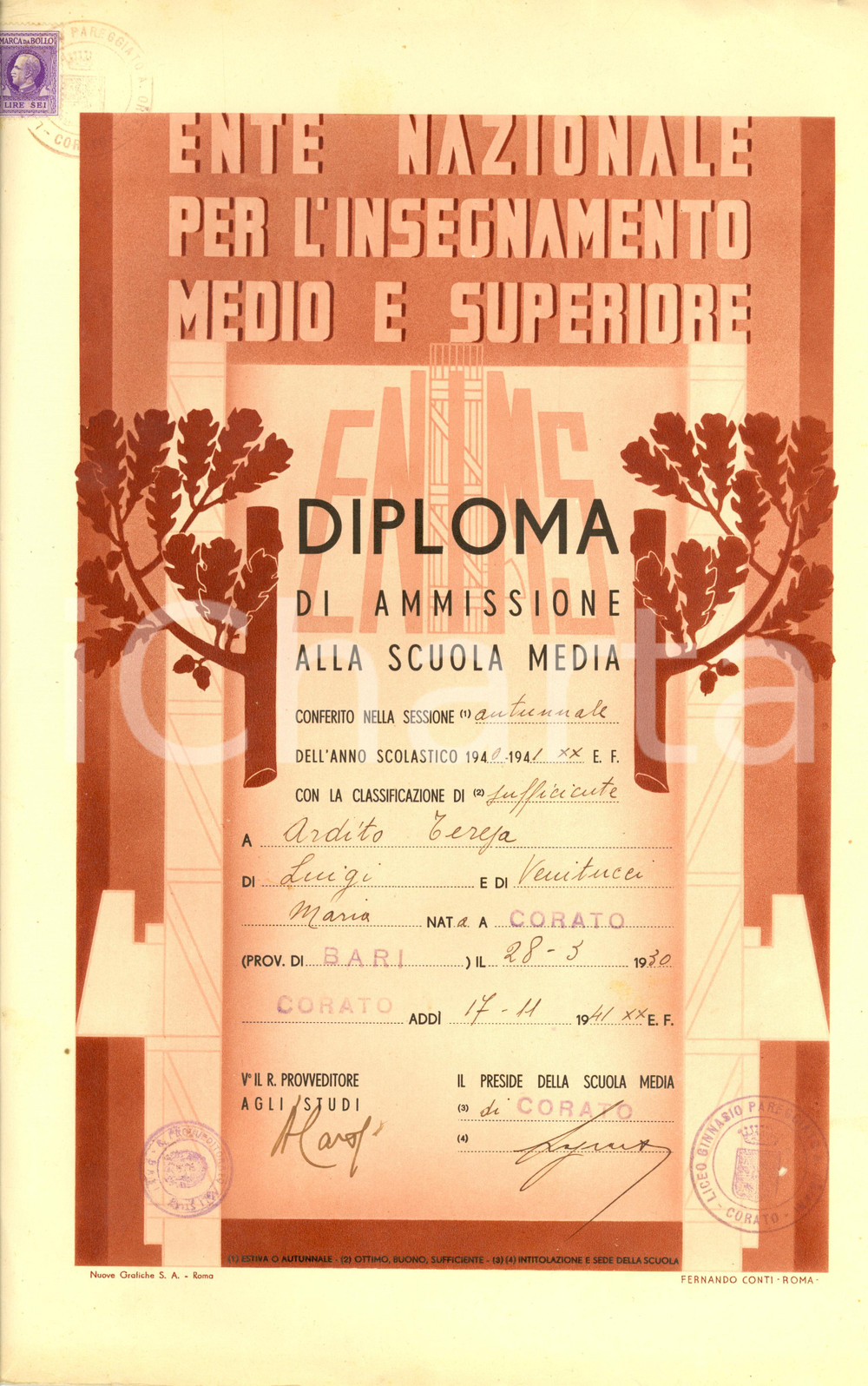 Documento originale, autentico 1941 CORATO BA Ammissione scuola media Teresa ARDITO Diploma 1