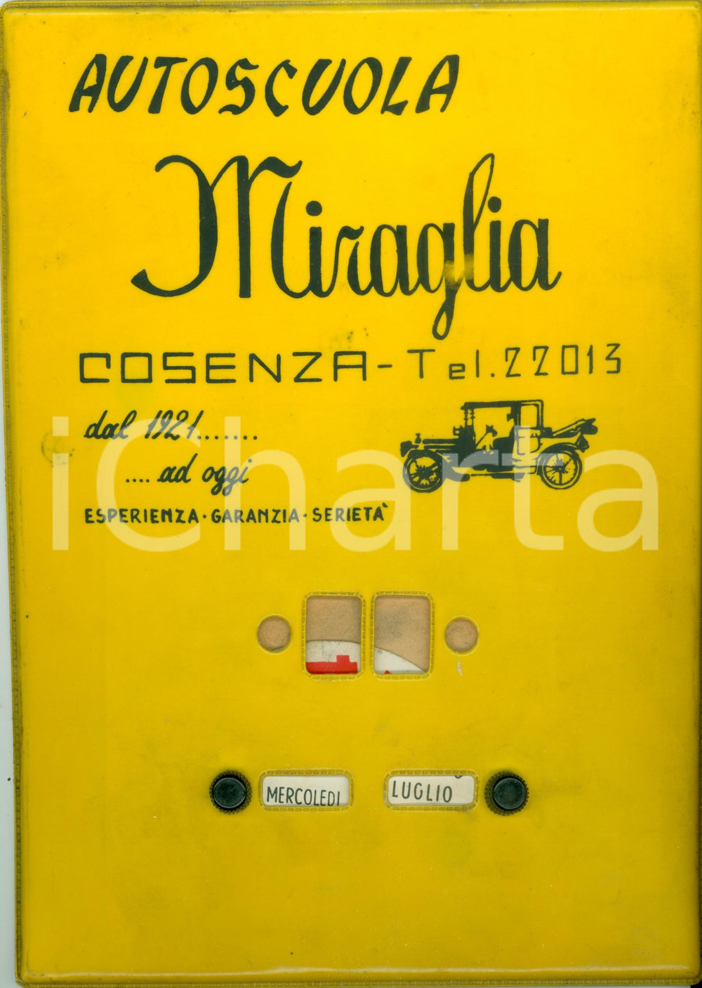 Oggetto da collezione cartaceo 1950 ca COSENZA Autoscuola MIRAGLIA Calendario a disco DANNEGGIATO 1