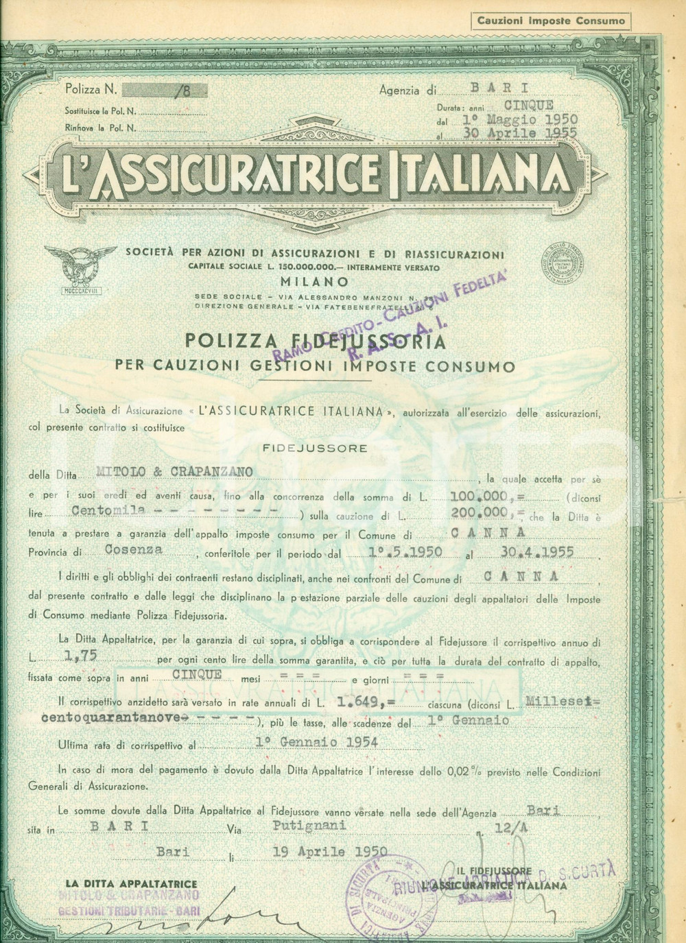 Oggetto da collezione cartaceo 1950 CANNA CS Assicuratrice Italiana Ditta MITOLO & CRAPANZANO polizza consumi 1