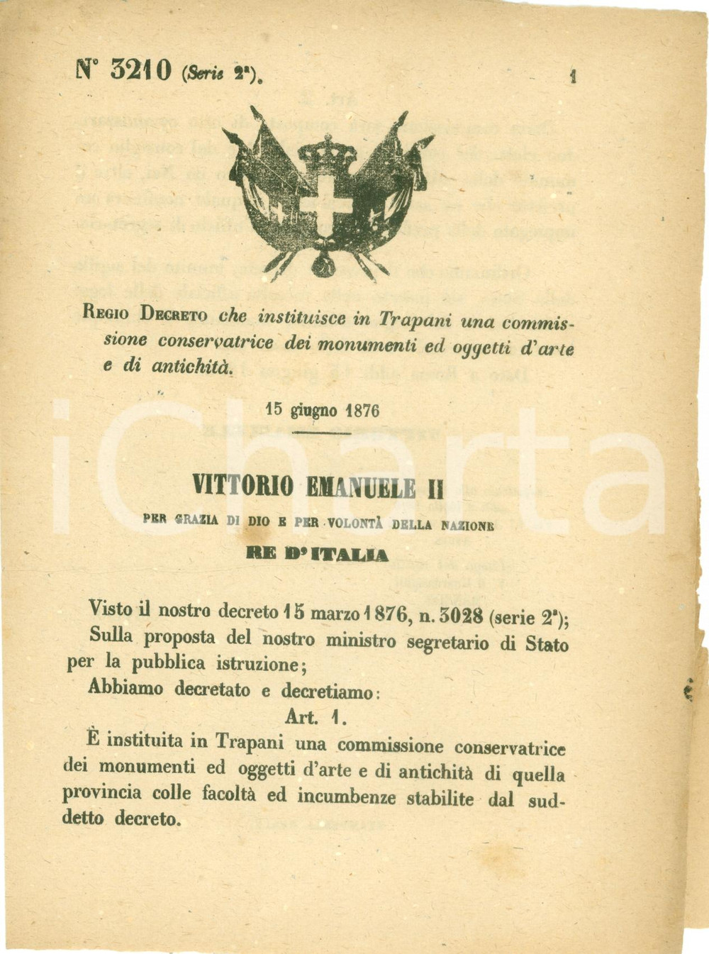 Documento originale, autentico 1876 TRAPANI Istituzione Commissione conservatrice monumenti oggetti d arte 1