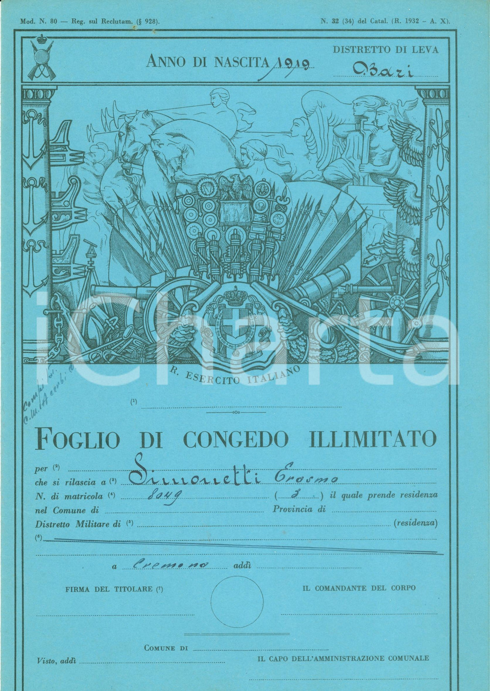 Documento originale, autentico 1939 SANTERANO BA Congedo illimitato soldato Erasmo SIMONETTI Documento 1