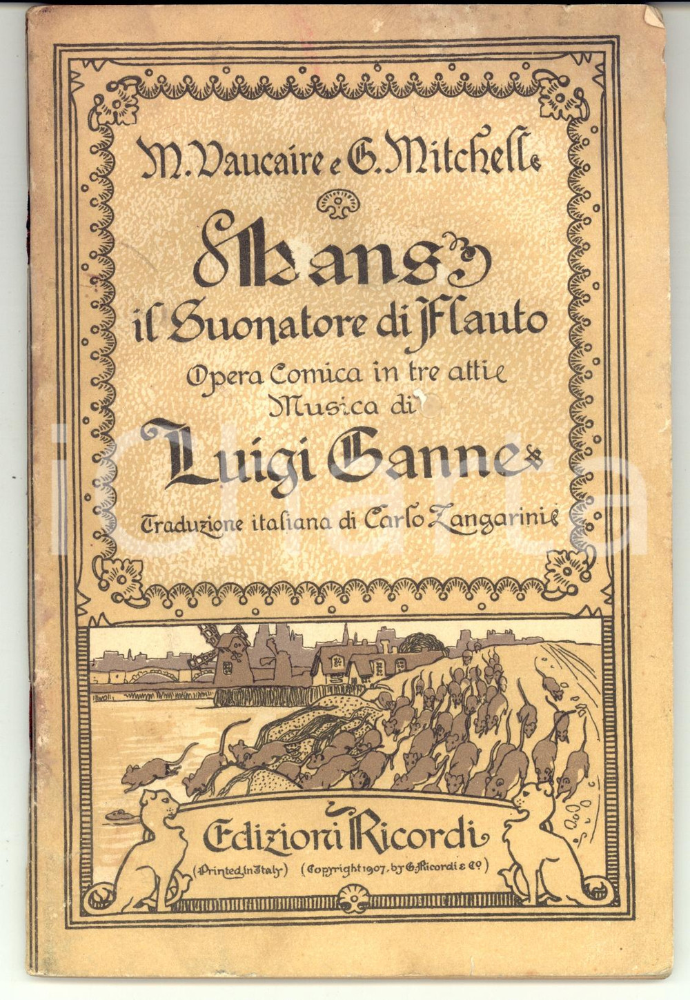 Materiale pubblicitario d’epoca 1908 VAUCAIRE e MITCHELL Hans, il suonatore di flauto Libretto RICORDI 1