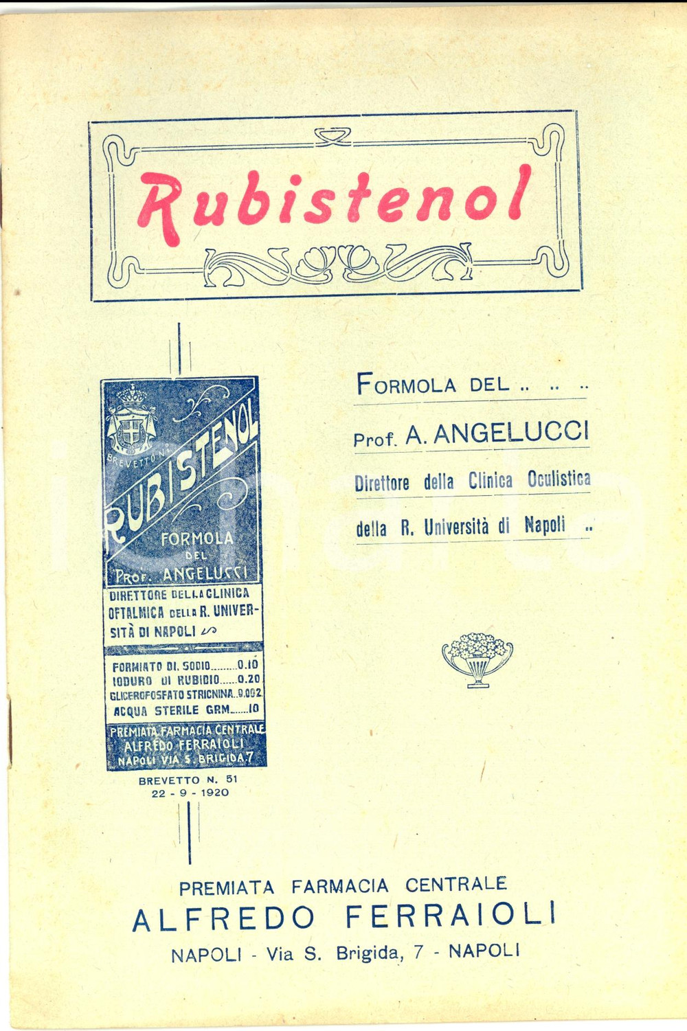 Materiale pubblicitario d’epoca 1925 NAPOLI Laboratorio ANGELUCCI  Rubistenol Pubblicitario OCULISTICA 1