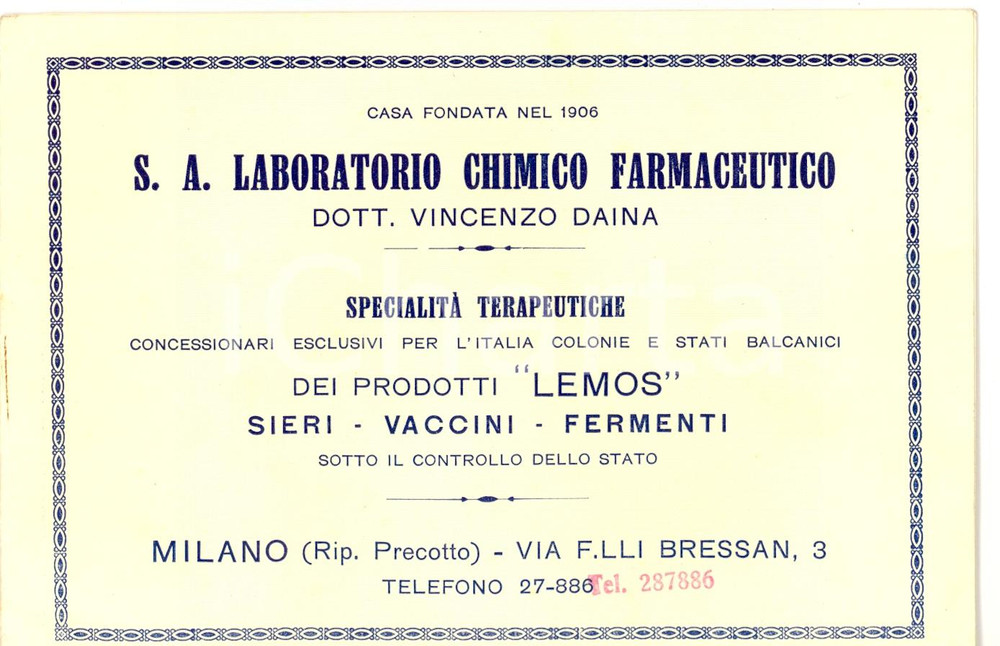 Materiale pubblicitario d’epoca 1930 ca MILANO PRECOTTO Laboratori VINCENZO DAINA Prodotti LEMOS Opuscolo 1