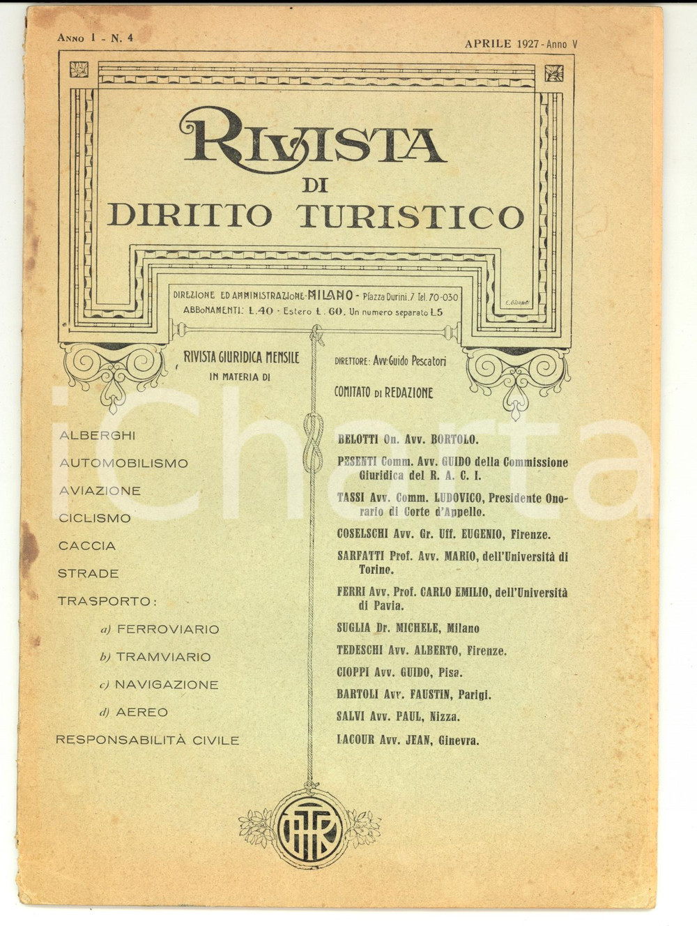 Giornale, rivista storica 1927 MILANO Rivista di DIRITTO TURISTICO Anno I nÂ° 4 1