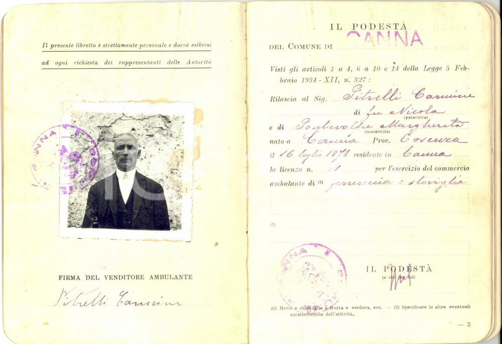 Documento originale, autentico 1934 CANNA CS Libretto licenza per commercio ambulante di Carmine PITRELLI 1