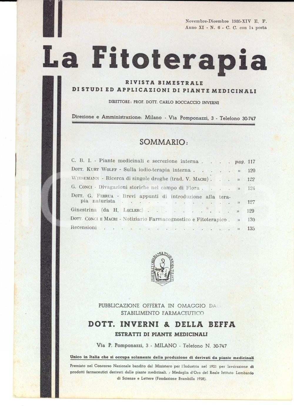 Giornale, rivista storica 1935 MILANO La fitoterapia Rivista bimestrale piante medicinali Anno XI n°6 1