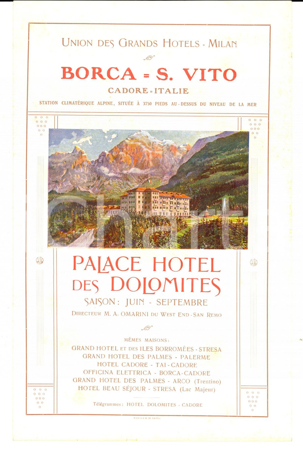 Materiale pubblicitario d’epoca 1920 ca BORCA DI CADORE BL Palace Hotel des DOLOMITES Pieghevole pubblicitario 1