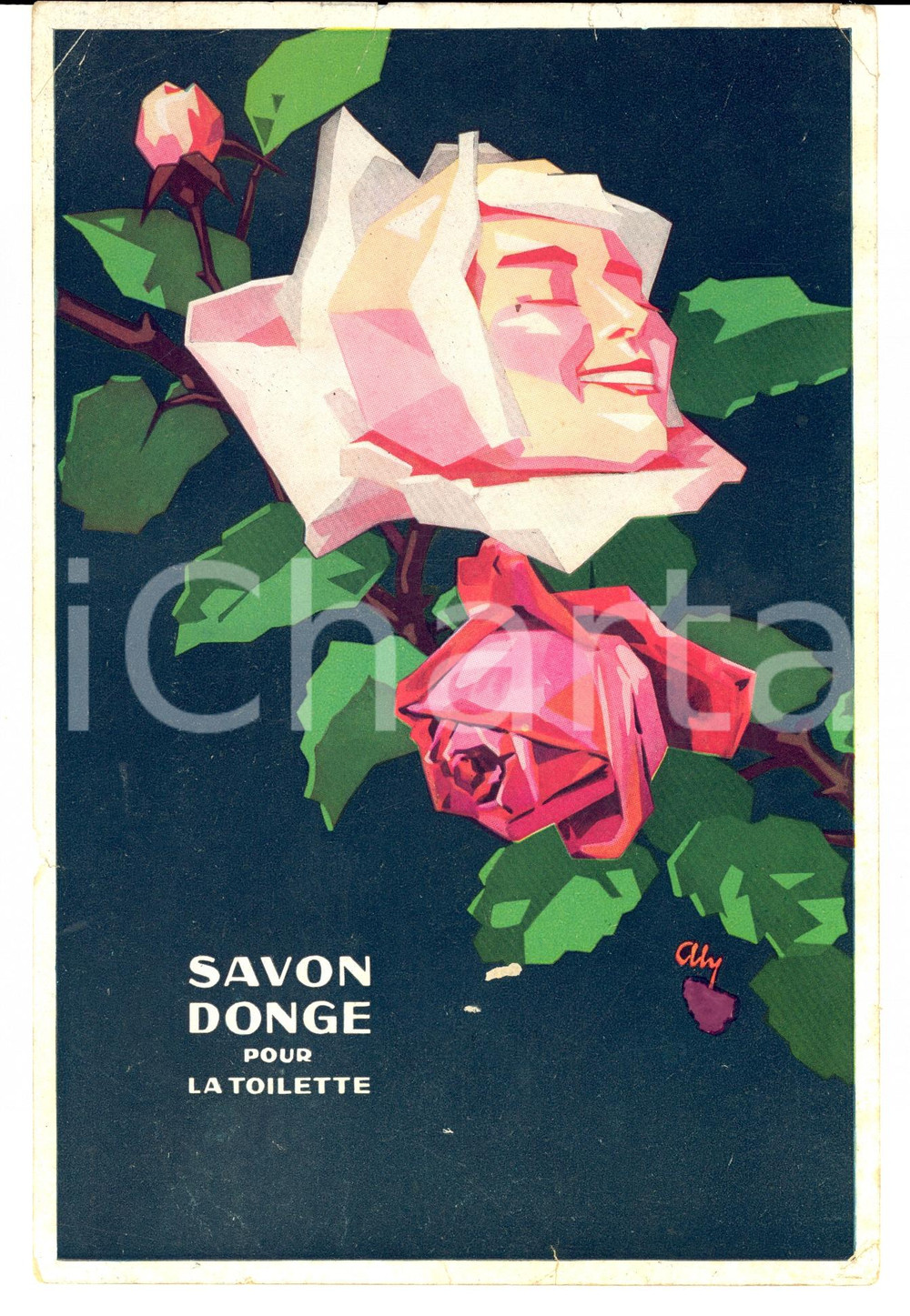 Materiale pubblicitario d’epoca 1930 ca Cartoncino SAVON DONGE pour la toilette Pubblicitario ill. ALY 1