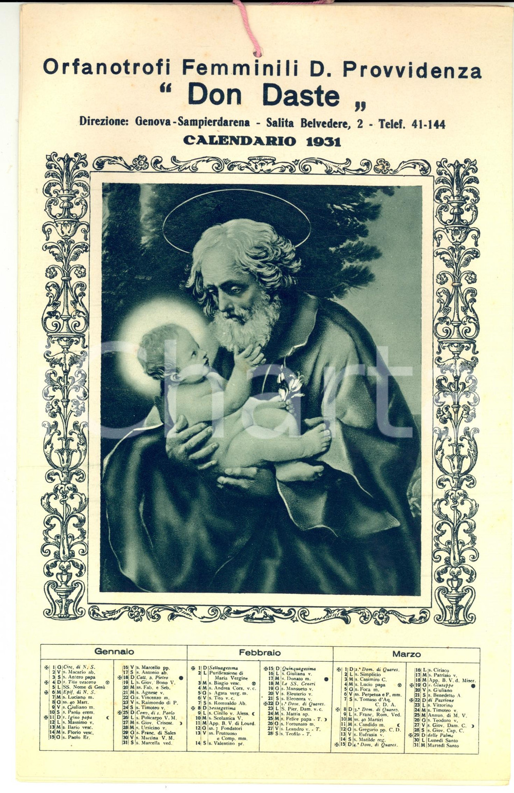 Oggetto da collezione cartaceo 1931 GENOVA Calendario Orfanotrofi femminili Divina Provvidenza DON DASTE 1