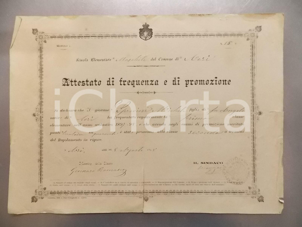 Oggetto da collezione cartaceo 1886 ACRI CS Scuola elementare Attestato Michele SPROVIERI promozione 1